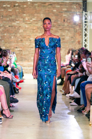 Blue Sequin Floral Print V Dress 