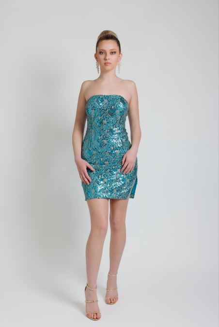 EMERGE - Teal Sequin Strapless Dress