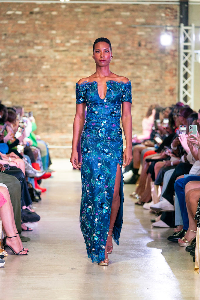 Blue Sequin Floral Print V Dress 