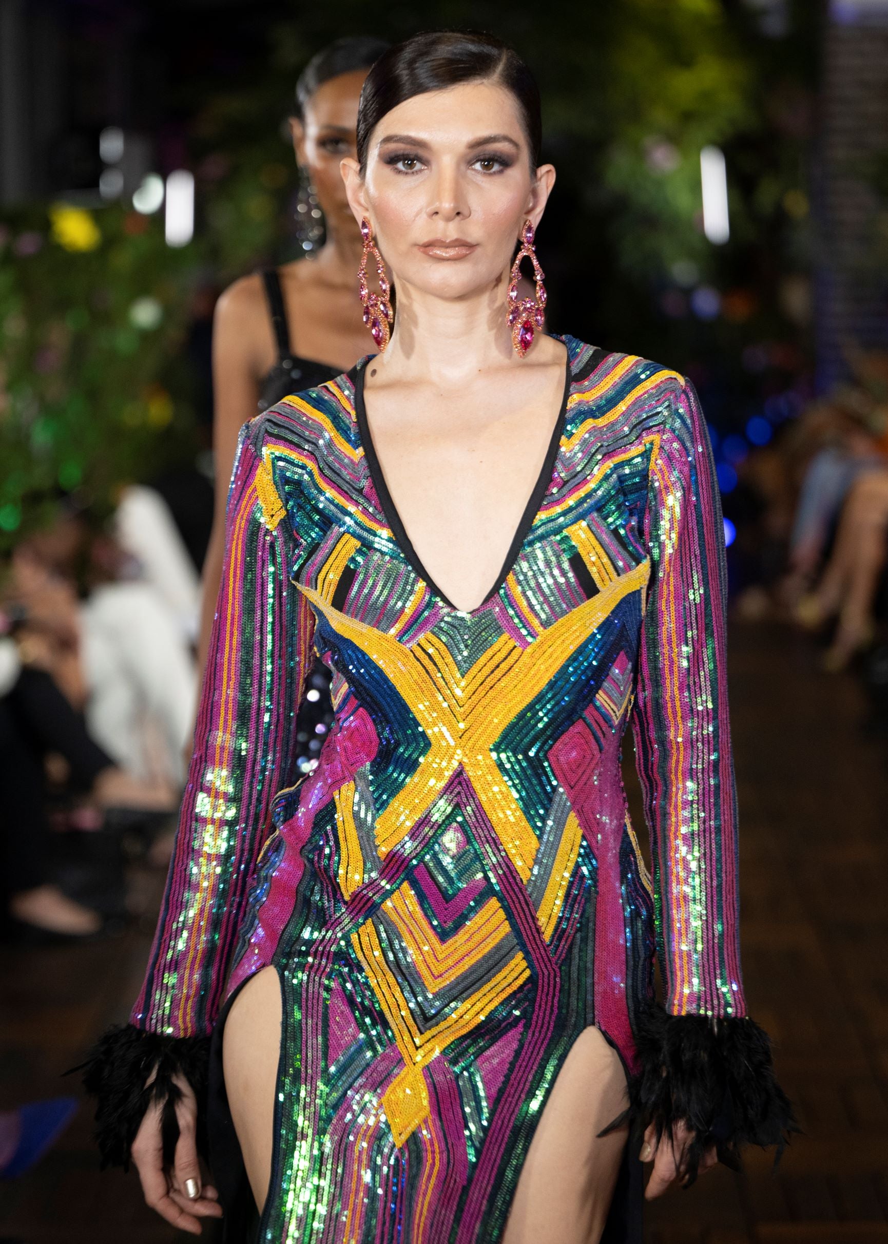 CARNIVALE - Yellow/Pink Geometric Sequin Feather Dress