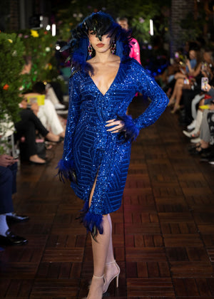 CARNIVALE - Blue Geometric Sequin Feather Dress