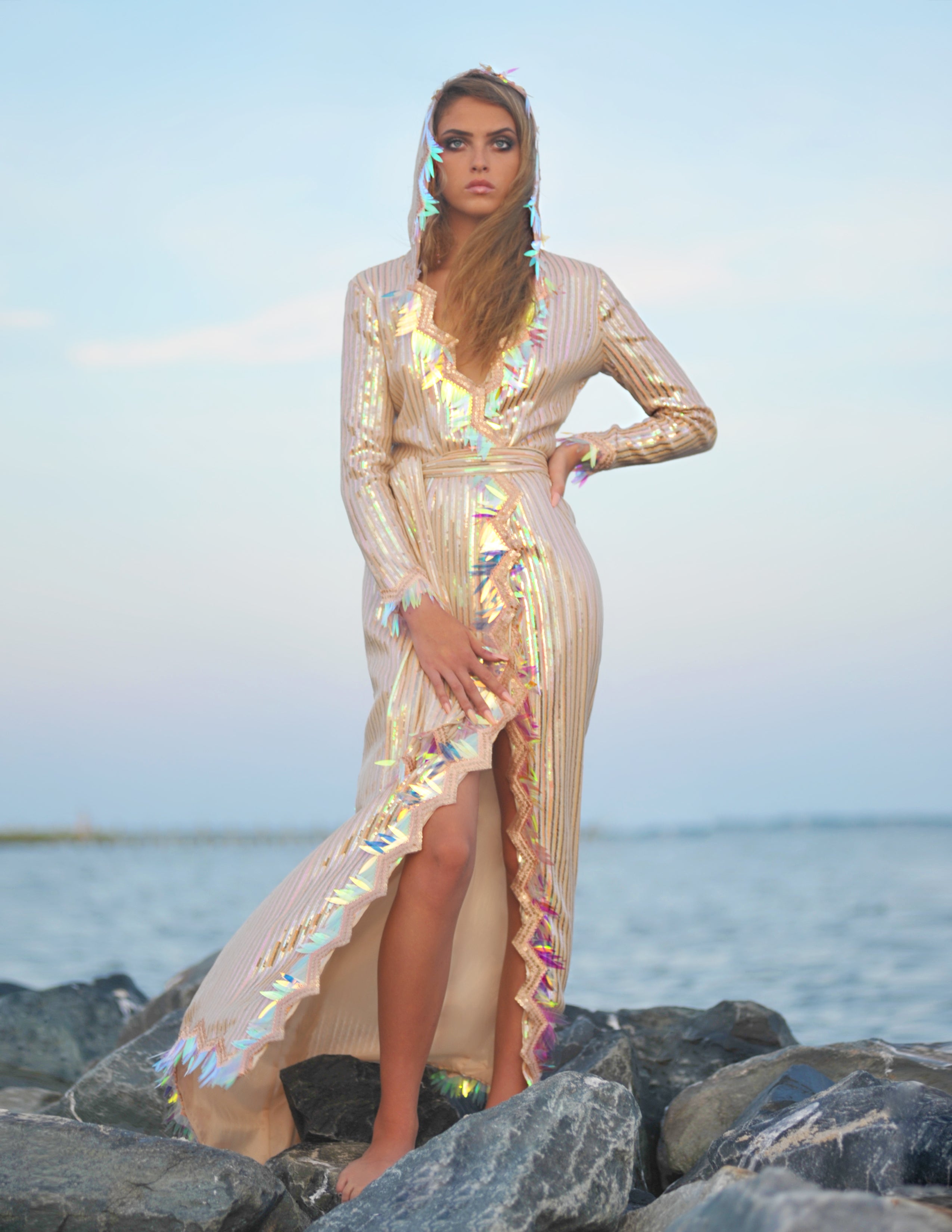 MIRAGE - Sequin Striped Belted Gown
