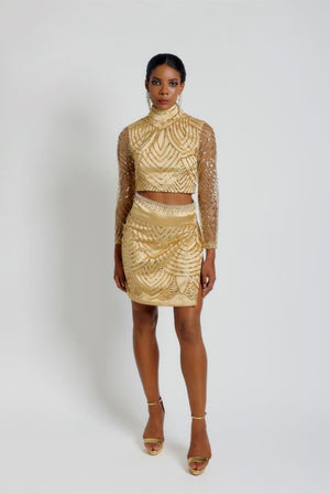 EMERGE - Gold Sequin Mesh Cropped 2pc Skirt Set