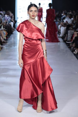 SIREN - Red Satin Asymmetrical Peplum Gown