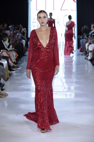 SIREN - Red Sequin Accent Tapestry Mesh Sleeved Gown