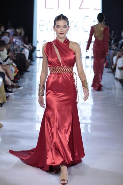 SIREN - Red Satin Front Slit Belted Gown